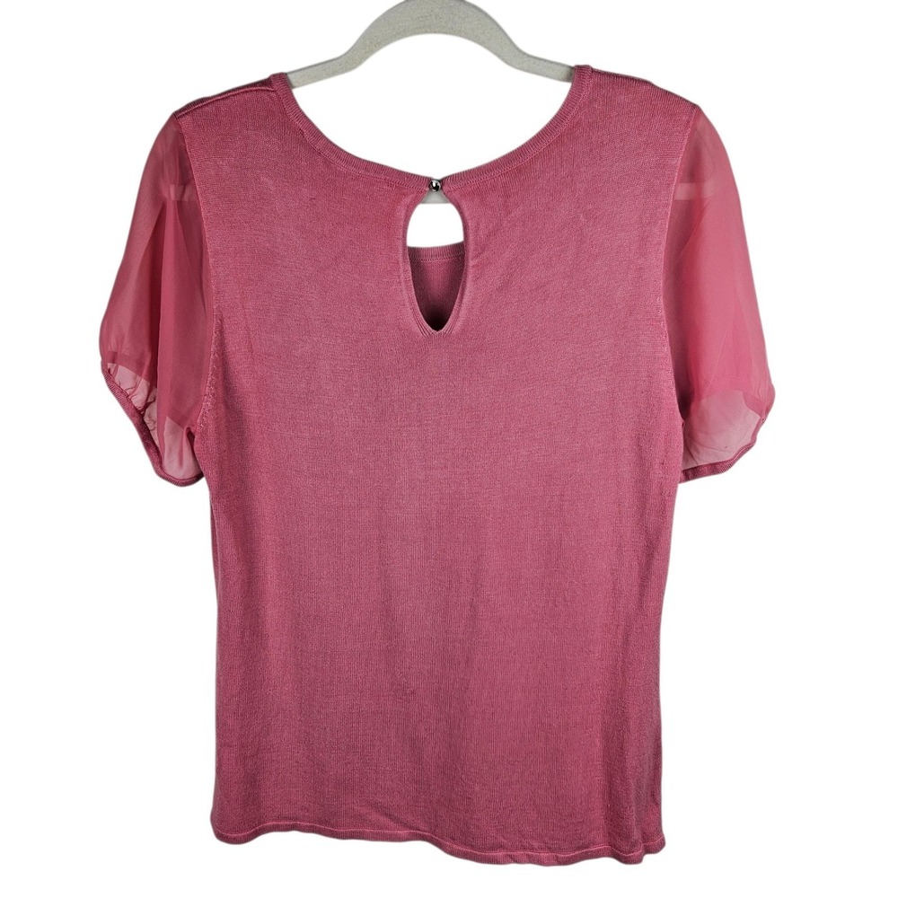 White House Black Market Womens Knit Top‎ Pink Sheer Sleeve Keyhole Back L - Picture 4 of 11